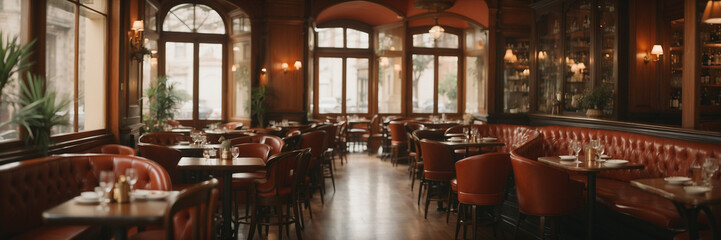 Interior de una moderna cafetería Italiana, amplia y luminosa, con grandes ventanales
