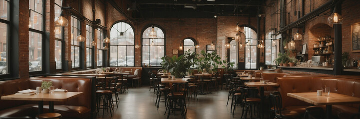Fototapeta na wymiar Interior de una moderna cafetería, amplia y luminosa, con grandes ventanales