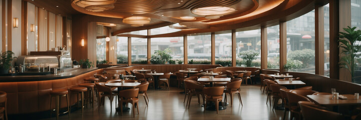 Interior de una moderna cafetería en japón, amplia y luminosa, con grandes ventanales
