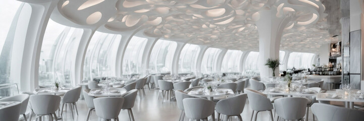 Interior de una moderna cafetería toda en blanco y gris, amplia y luminosa, con grandes ventanales