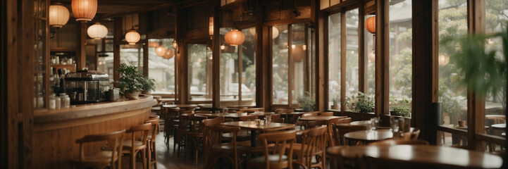 Interior de una moderna cafetería, amplia y luminosa, con grandes ventanales