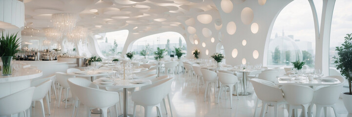 Interior de una moderna cafetería toda en blanco y gris, amplia y luminosa, con grandes ventanales