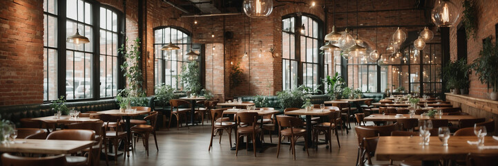 Fototapeta na wymiar Interior de una moderna cafetería al estilo industrial, amplia y luminosa, con grandes ventanales