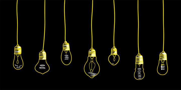 Set of ceiling or hanging light bulb with doodles hand drawn style. different types halogen bulbs set. isolated conceptual vector illustration.