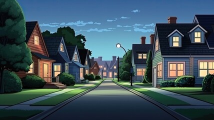Fototapeta na wymiar cartoon illustration Suburban houses, street with cottages with garages at night.