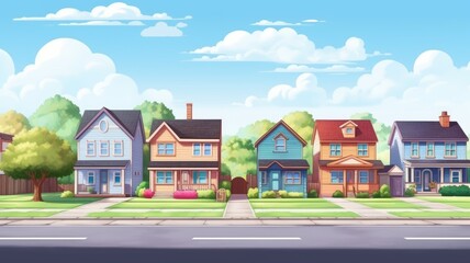 Obraz na płótnie Canvas cartoon illustration Suburban houses, street with cottages with garages