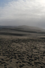 A view from the top of the Pilat dune with some fog on the silver coast. La Teste-de-Buch, France - January 25, 2024.