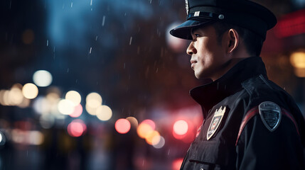 雨の中の夜の街に立つ警備員の横顔 - obrazy, fototapety, plakaty