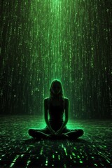 Woman Sitting in Middle of Room With Green Lights. Generative AI.
