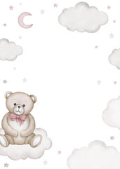 Сhildren's border frame illustration - teddy bear sits on white cloud. Baby shower, announcement, birthday party, newborn event. Watercolor clipart drawing, template, print, poster.