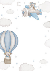 Сhildren's border frame illustration - teddy bear fly in air plane and hot air balloon. Baby shower, announcement, birthday party, newborn event. Watercolor drawing, template, print, poster.
