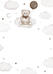 Сhildren's border frame illustration - teddy bear sits on a sky cloud with air balloon. Baby shower, announcement, birthday party, newborn event. Watercolor clipart drawing, template, print, poster.