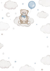 Сhildren's border frame illustration - teddy bear sits on a sky cloud with air balloon. Baby shower, announcement, birthday party, newborn event. Watercolor clipart drawing, template, print, poster.