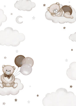 Сhildren's border frame illustration - teddy bear sits and sleeps on white clouds. Baby shower, announcement, birthday party, newborn event. Watercolor clipart drawing, template, print, poster. © Veris Studio