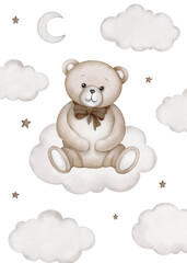 Cute teddy bear sits on white cloud illustration. Watercolor hand drawn poster with white isolated background. Baby shower, birthday clipart.