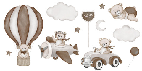 Baby shower invitation elements - teddy bear, hot air balloon basket, airplane, car, moon, stars, clouds. Announcement birthday party newborn event. Watercolor drawing, template, print poster pattern.