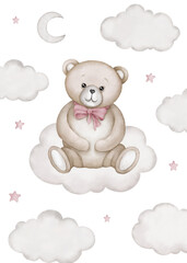 Cute teddy bear sits on white cloud illustration. Watercolor hand drawn poster with white isolated background. Baby shower, birthday clipart.
