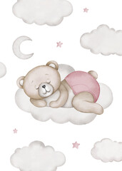 Cute teddy bear sleeps on a moon illustration. Watercolor hand drawn poster with white isolated background. Baby shower, birthday clipart.