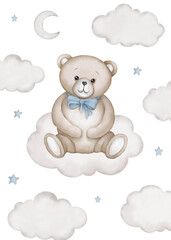 Cute teddy bear sits on white cloud illustration. Watercolor hand drawn poster with white isolated background. Baby shower, birthday clipart.