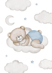 Cute teddy bear sleeps on a moon illustration. Watercolor hand drawn poster with white isolated background. Baby shower, birthday clipart.