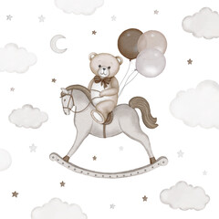 Cute teddy bear on rocking horse with air balloons illustration. Watercolor hand drawn poster with white isolated background. Baby shower, birthday clipart.