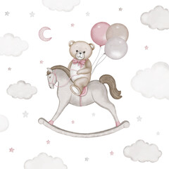 Cute teddy bear on rocking horse with air balloons illustration. Watercolor hand drawn poster with white isolated background. Baby shower, birthday clipart.