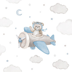 Cute teddy bear flies in toy airplane illustration. Watercolor hand drawn poster with white isolated background. Baby shower, birthday clipart.