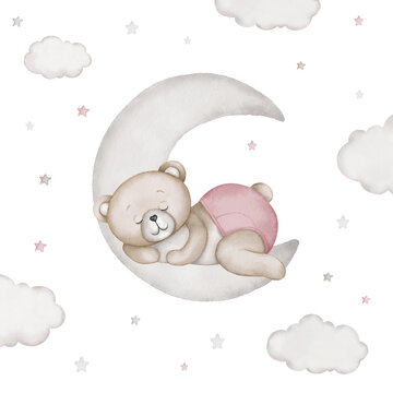 Cute teddy bear sleeps on a moon illustration. Watercolor hand drawn poster with white isolated background. Baby shower, birthday clipart.