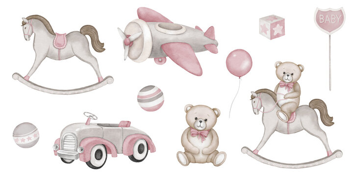 Baby shower invitation elements - teddy bear, rocking horse, airplane, car. Announcement, birthday party, newborn event. Watercolor clipart drawing, template, print, poster, pattern.
