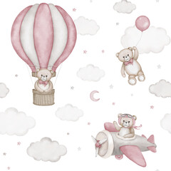 Seamless pattern with cute teddy bear, hot air balloon, airplane, clouds. Watercolor hand drawn illustration with white isolated background. Baby shower clipart, birthday celebration, announcement.