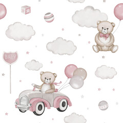Seamless pattern with cute teddy bear, vintage car, clouds, toy balls, road signs. Watercolor hand drawn illustration with white background. Baby shower clipart, birthday celebration, announcement.