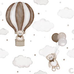Seamless pattern with cute teddy bear, hot air balloon, clouds, stars. Watercolor hand drawn illustration with white isolated background. Baby shower clipart, birthday celebration, announcement.