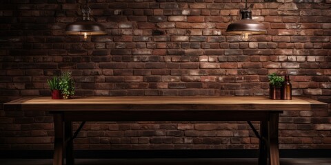Well-lit room with a vintage wooden table on a dark brick backdrop. - obrazy, fototapety, plakaty