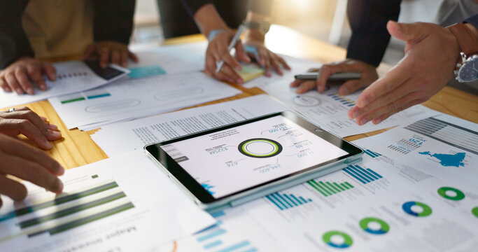 People, data analysis with tablet and documents, hands with online review in business meeting and team with market research. Statistics, analytics dashboard and digital infographic with collaboration