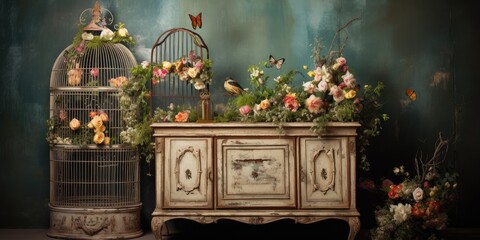 Obraz premium Antique furniture with floral arrangement and bird cages.