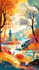 autumn landscape fairytale character cartoon illustration fantasy cute drawing book art graphic - obrazy, fototapety, plakaty