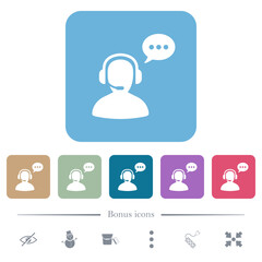 Talking operator active solid flat icons on color rounded square backgrounds