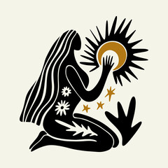 Sacred woman in Matisse style, meditating magic Reiki silhouette drawing, Bali moon wild young girl moon child.
