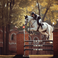 An equestrian jumping arena with a horse jumping over a vertical obstacle in a professional competition. The horse is white with black equipment, and the equestrian is a woman in a black suit. - obrazy, fototapety, plakaty