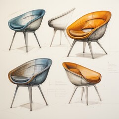 Armchair retro futuristic furniture sketch illustration hand drawing reference designer idea - obrazy, fototapety, plakaty