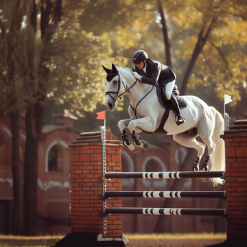 An equestrian jumping arena with a horse jumping over a vertical obstacle in a professional competition. The horse is white with black equipment, and the equestrian is a woman in a black suit.