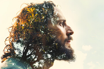 Jesus, seen in profile, double exposure, nature background