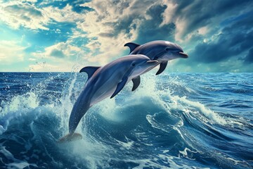 Fototapeta premium Dolphins bursting out from the sea