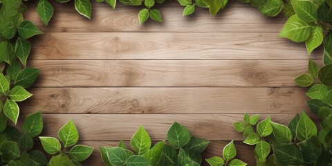 Wooden frame with spring green leaves and empty space for text.