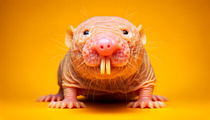 A close-up frontal view of a naked mole-rat on a yellow background