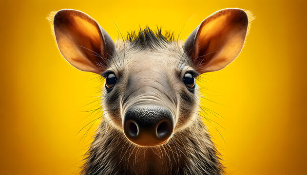 A close-up frontal view of a aardvark on a yellow background