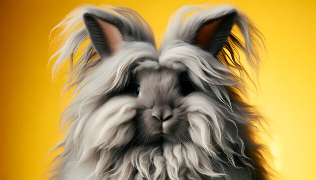 A close-up frontal view of a gray Angora rabbit on a yellow background