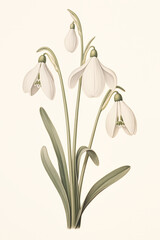 Illustration of snowdrops stylized as a botanical illustration of Galanthus Nivalis