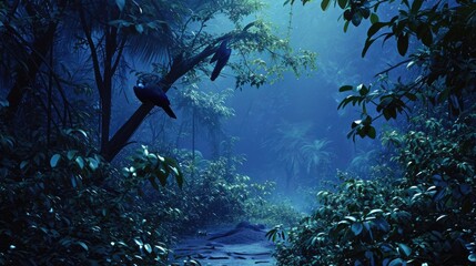 Night in the jungle. A beautiful path through the jungle. Tropical background. Mysterious impenetrable jungle overgrown with exotic plants. Night magic. Atmospheric forest. Generative AI