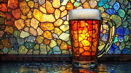 Stained glass window background with colorful abstract beer or alcohol drink glasses. - obrazy, fototapety, plakaty